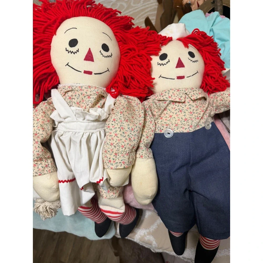 Vintage Raggedy Ann and Andy Plush Rag Dolls Pair Red Yarn Hair 25 Inch Large